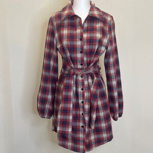 🍒Red and Blue Tie Front Long Sleeve Dress